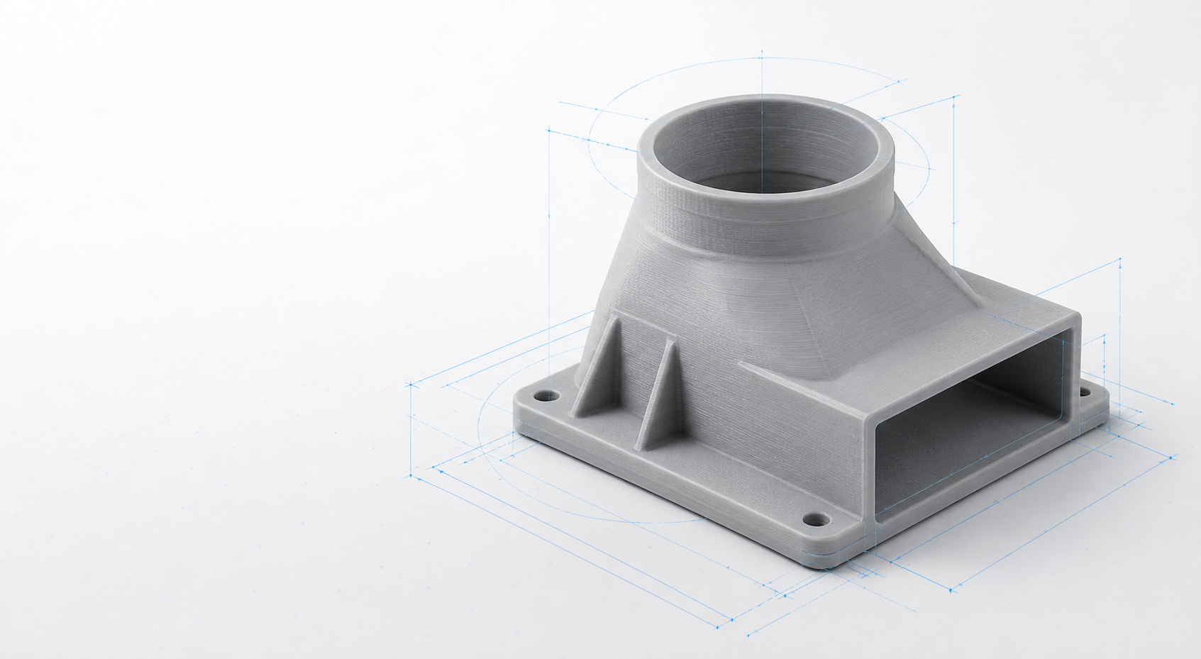 Technisches 3D-Bauteil mit CAD-Konstruktionslinien
